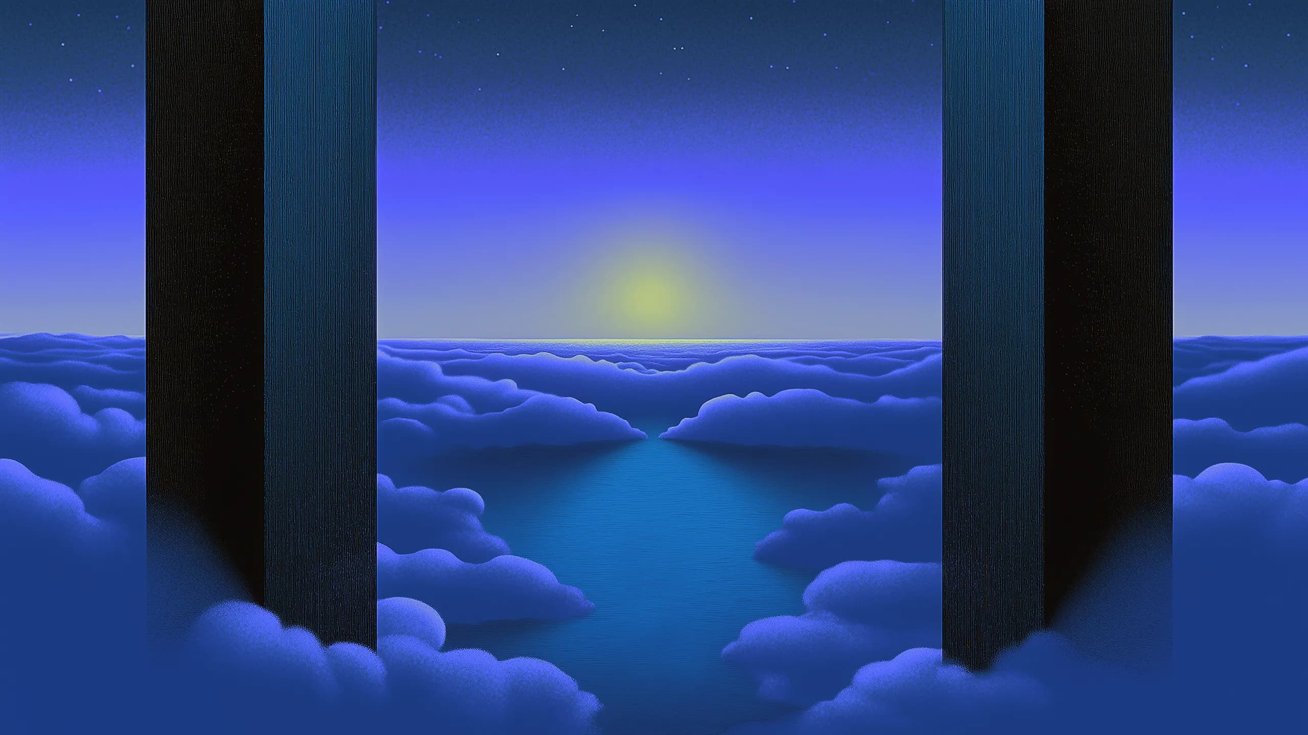 Parallel illustration 01: twin dark monoliths framing a cloud river at night