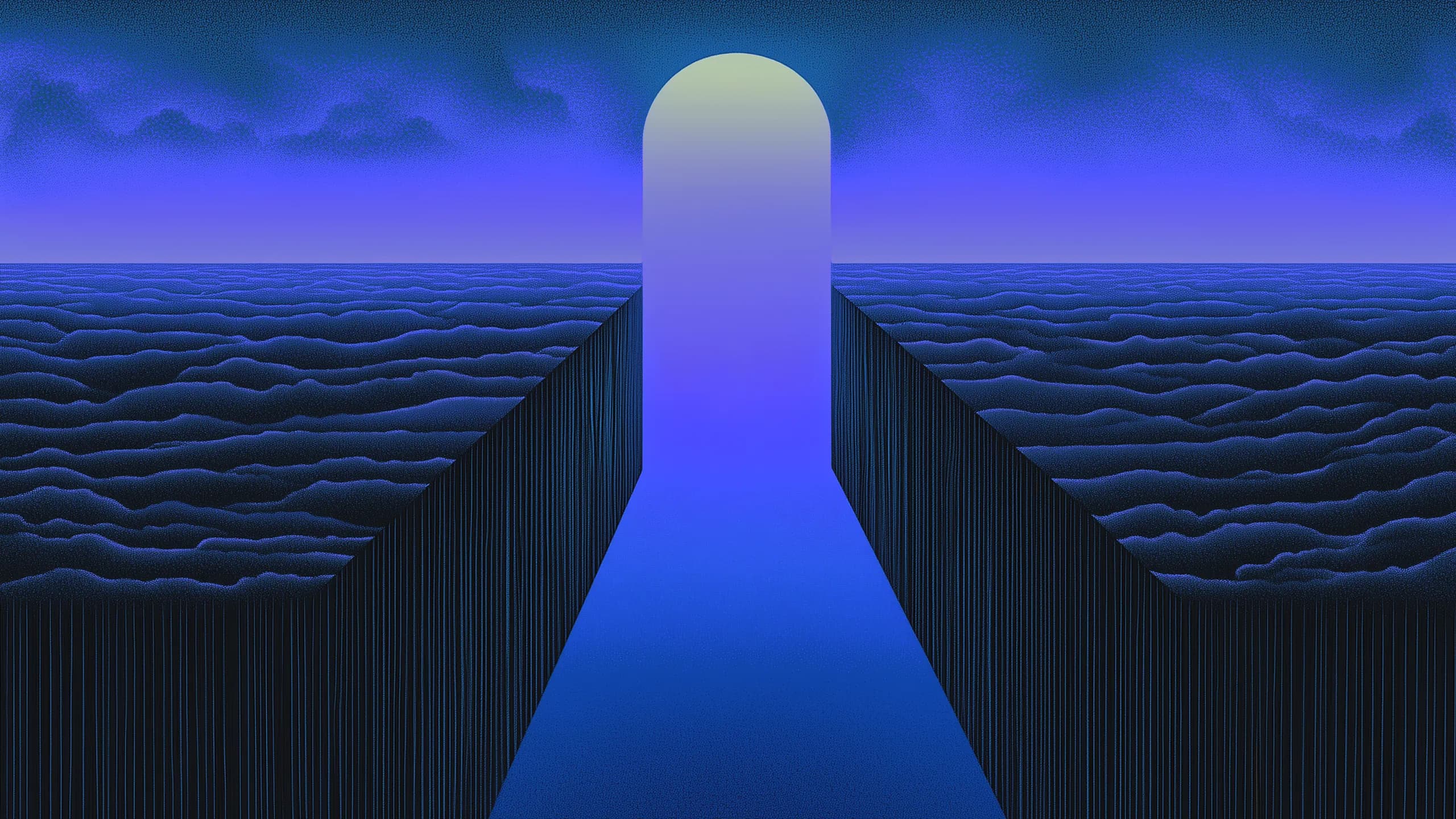 Parallel illustration 02: single glowing archway above a nighttime cloud sea