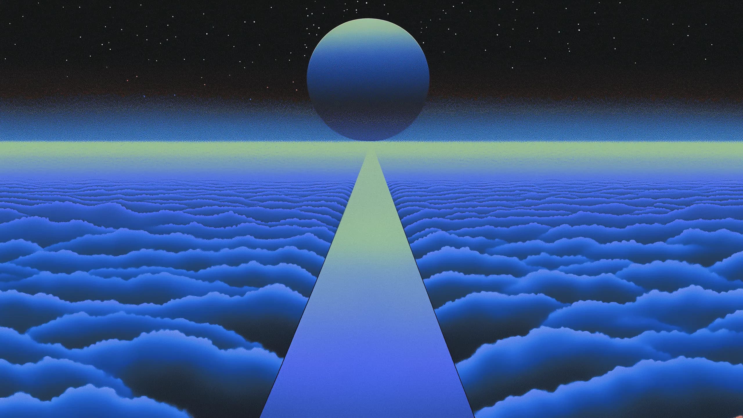 Parallel illustration 03: large planet above a glowing path through the clouds