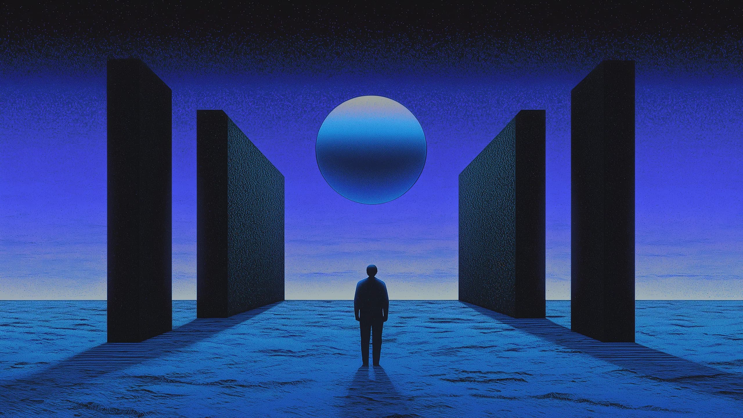 Parallel illustration 04: lone figure facing a glowing sphere between dark monoliths