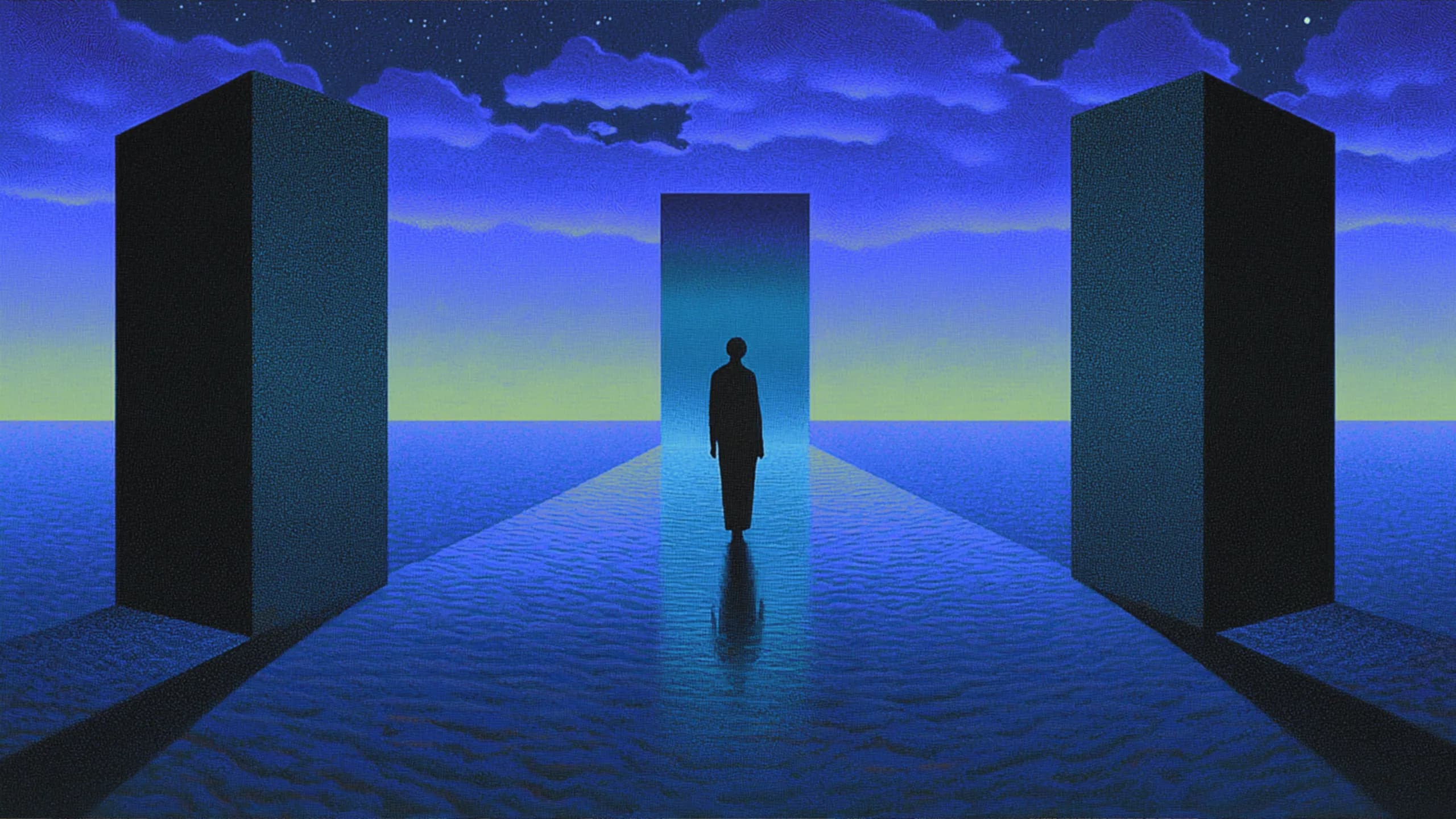 Parallel illustration 05: lone figure walking toward a bright doorway above the clouds