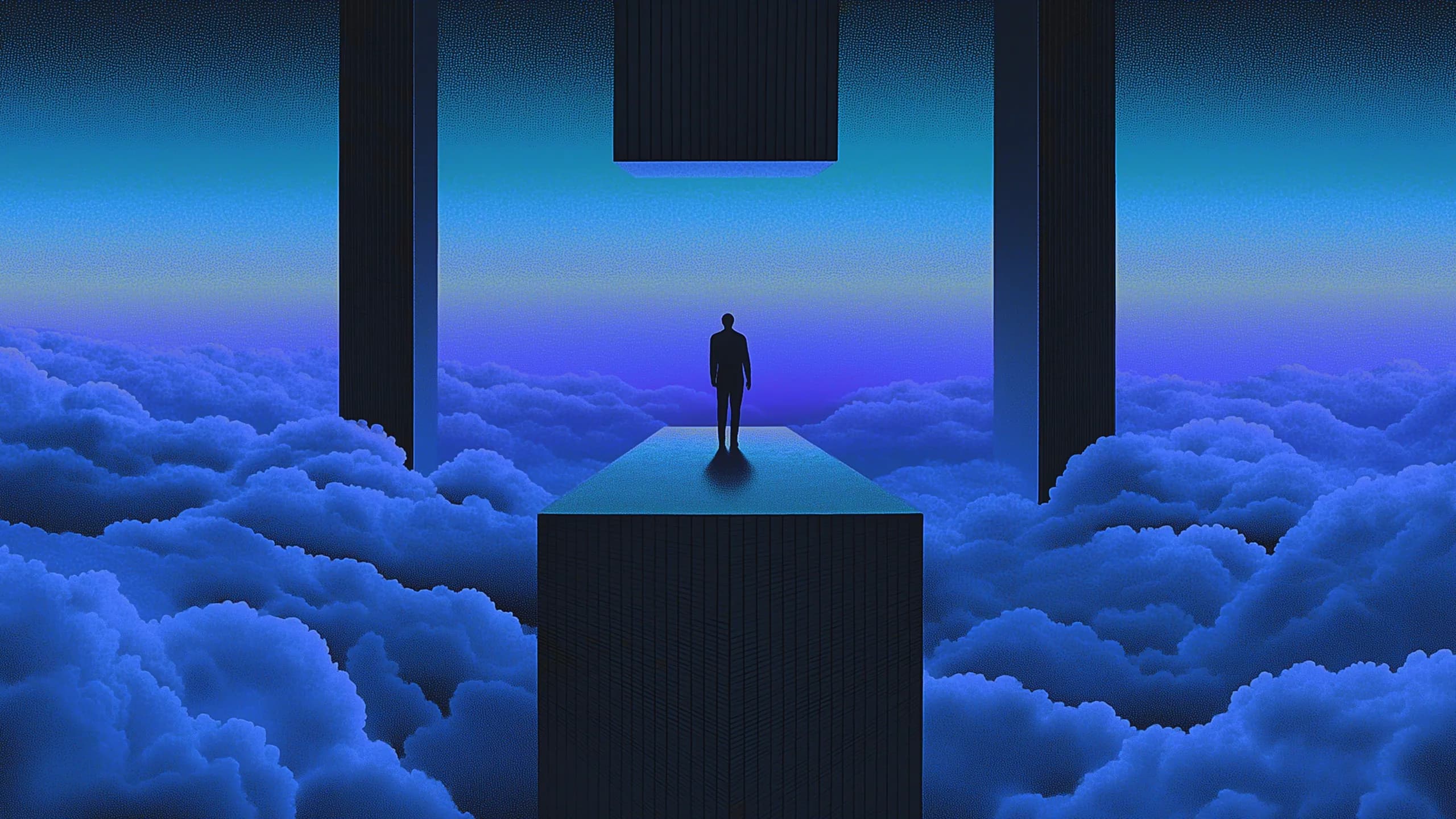 Parallel illustration 06: lone figure standing atop a pillar above the clouds