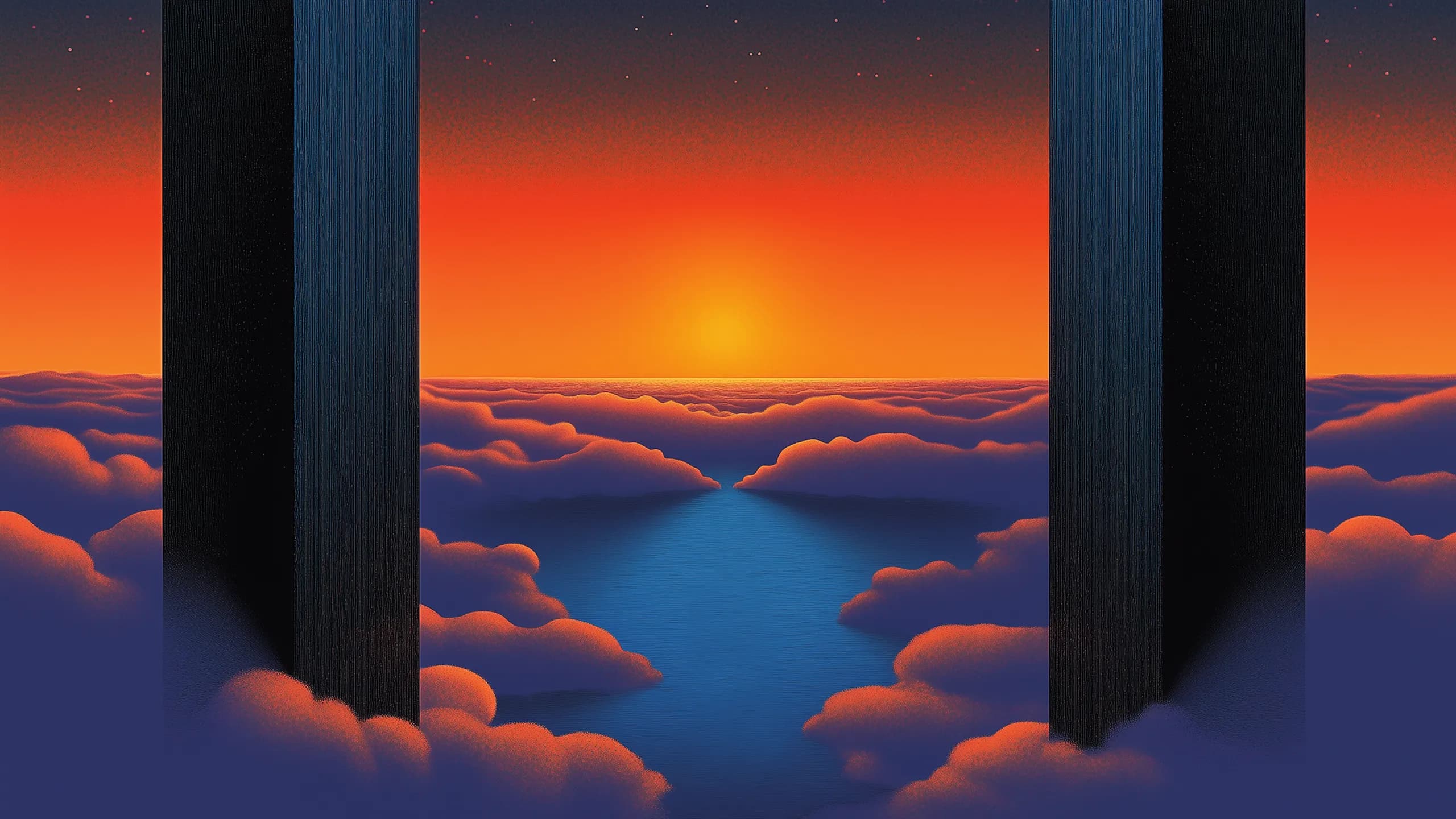 Parallel illustration 07: twin dark monoliths framing a fiery sunset over clouds