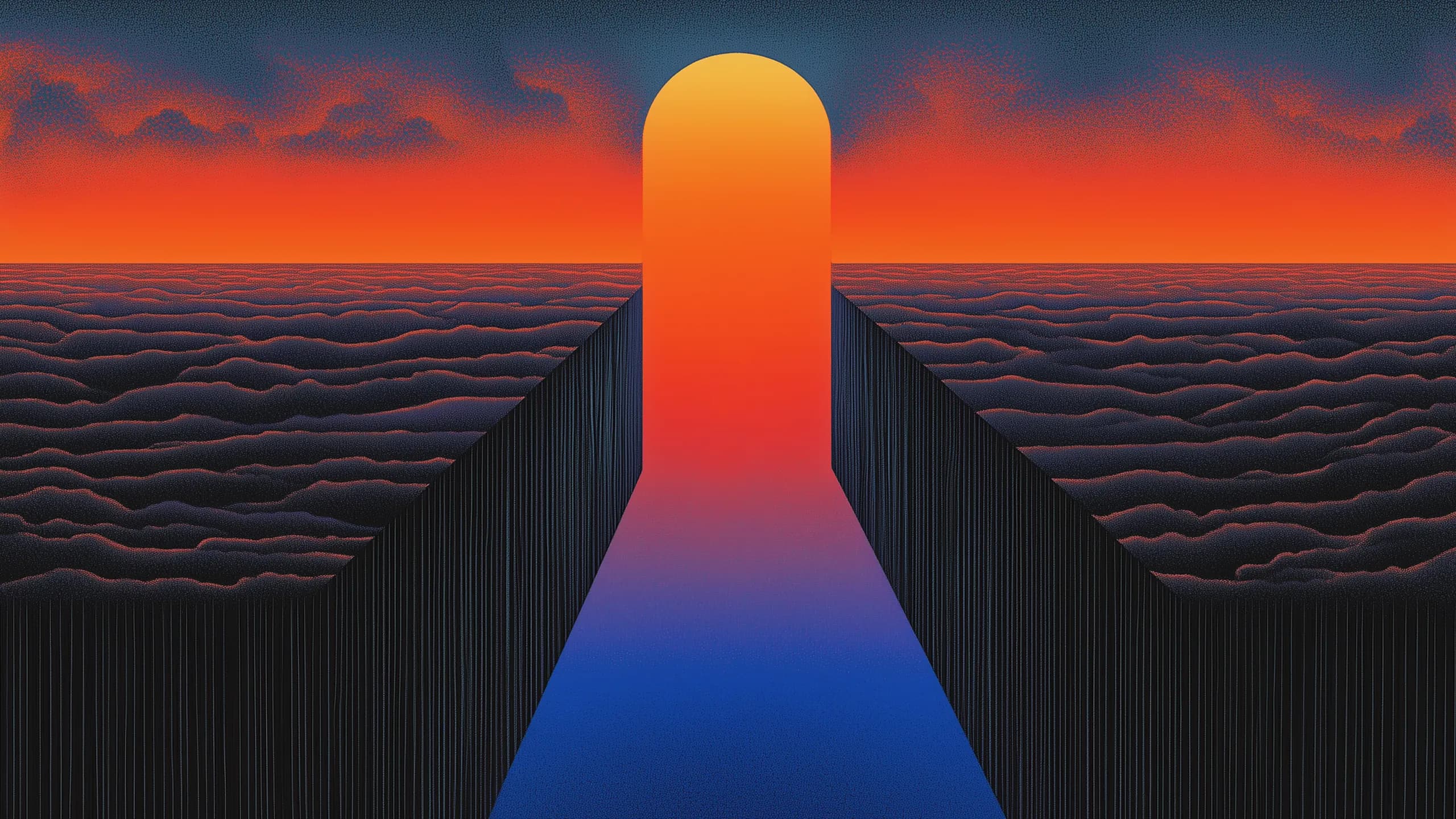 Parallel illustration 08: single glowing archway above a sunset cloud sea