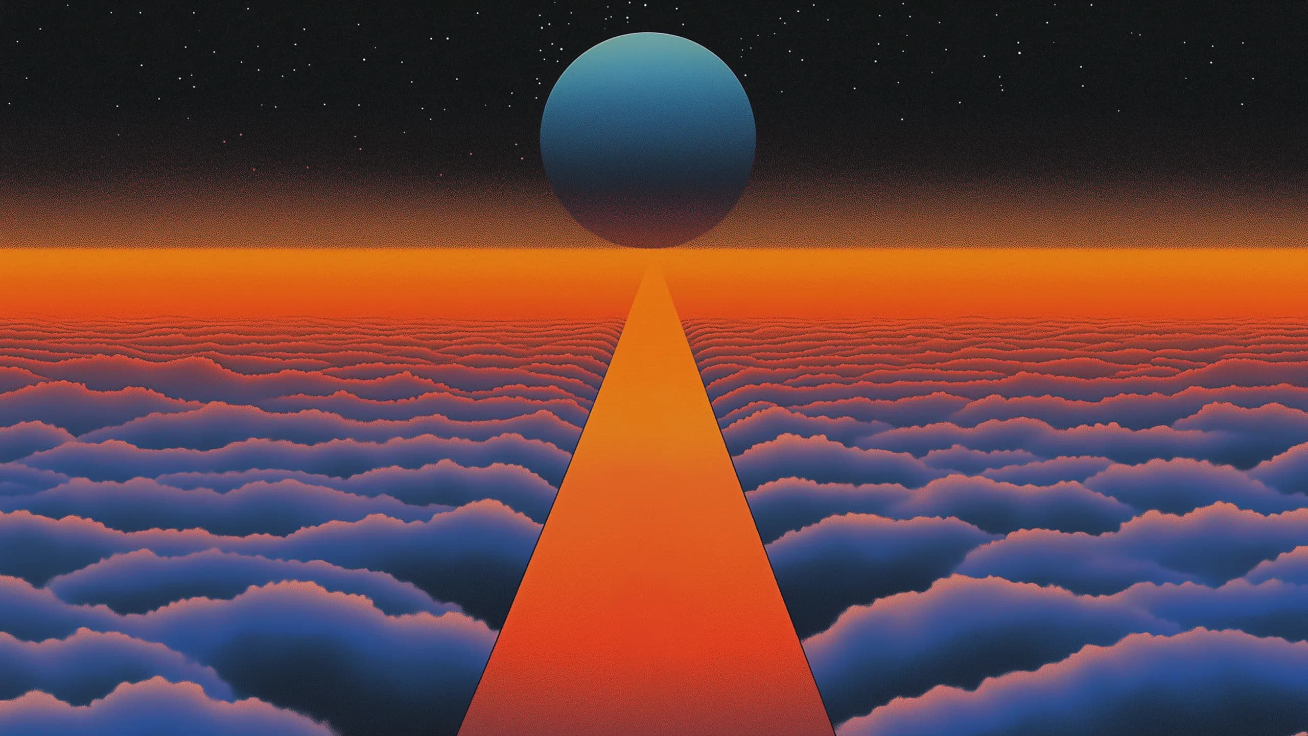 Parallel illustration 09: large planet above a fiery path through the clouds