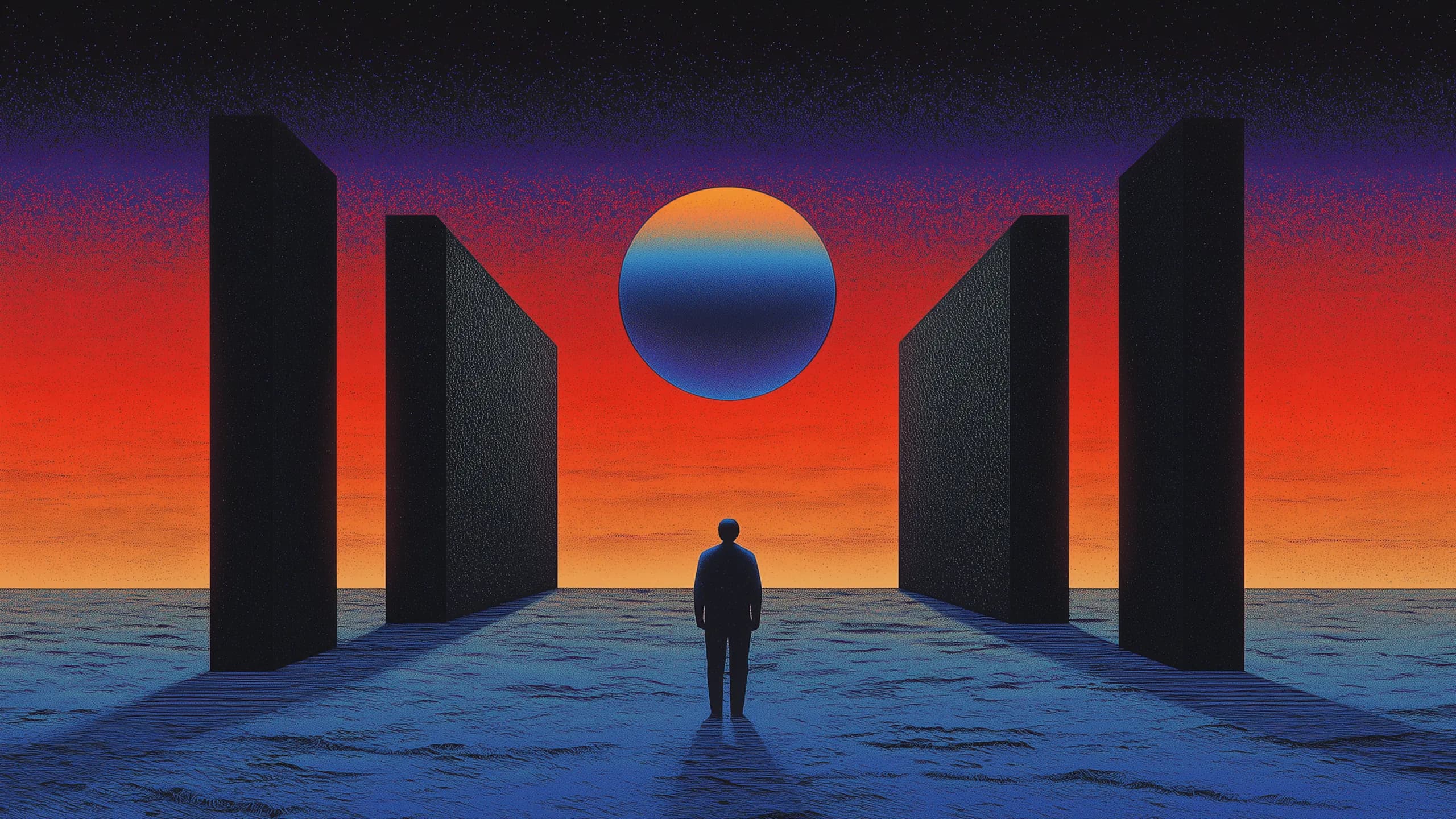 Parallel illustration 10: lone figure facing a glowing sphere between sunset pillars