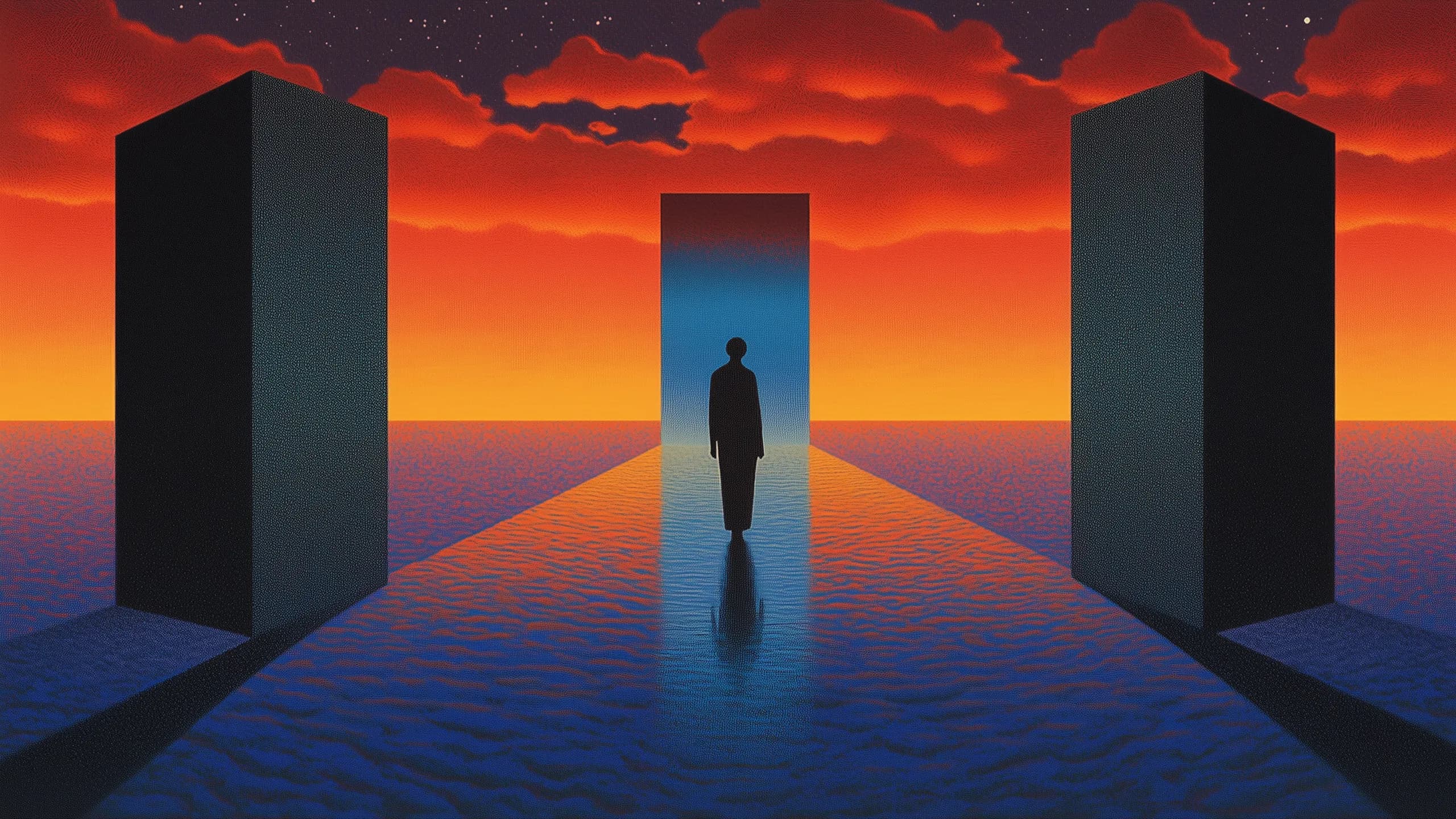 Parallel illustration 11: lone figure walking toward a glowing doorway at sunset
