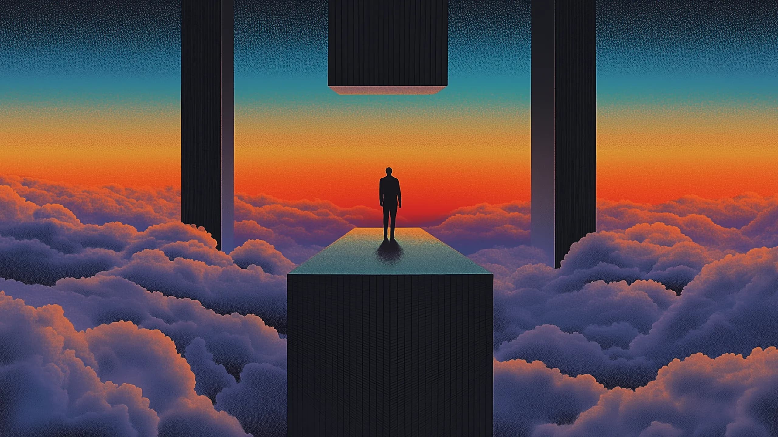 Parallel illustration 12: lone figure standing atop a pillar above sunset clouds