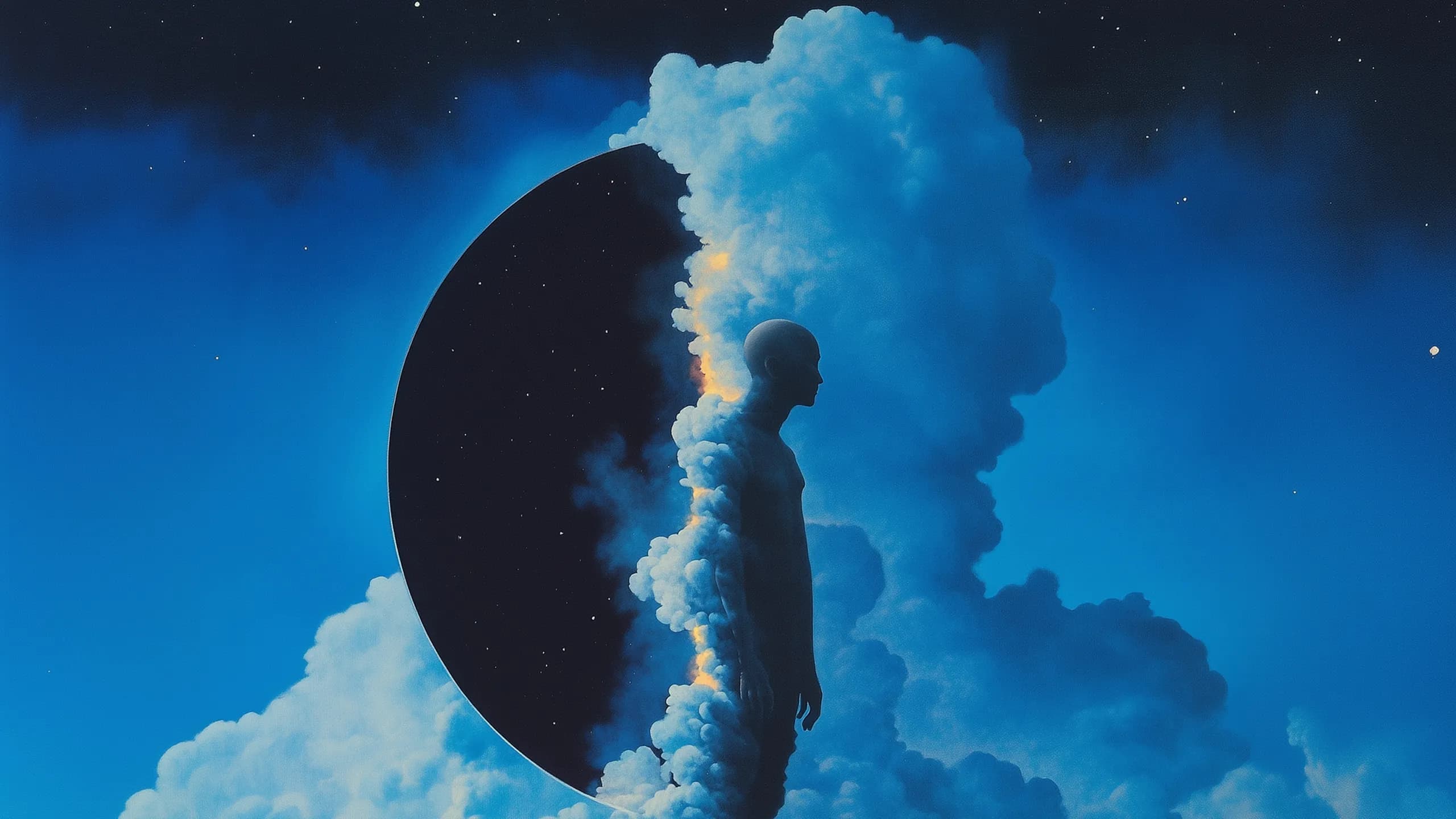 Parallel illustration 13: silhouetted figure merging into a cloud and starfield sphere