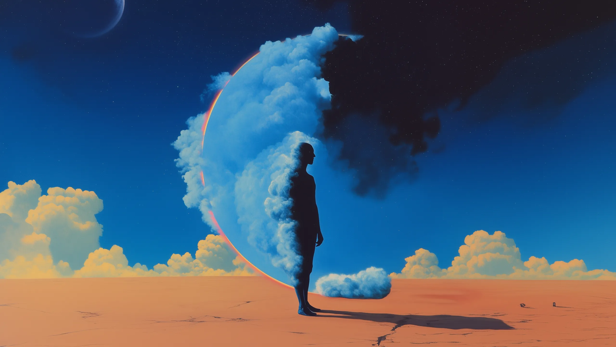 Parallel illustration 14: silhouetted figure on desert ground before cloud-ringed crescent moon