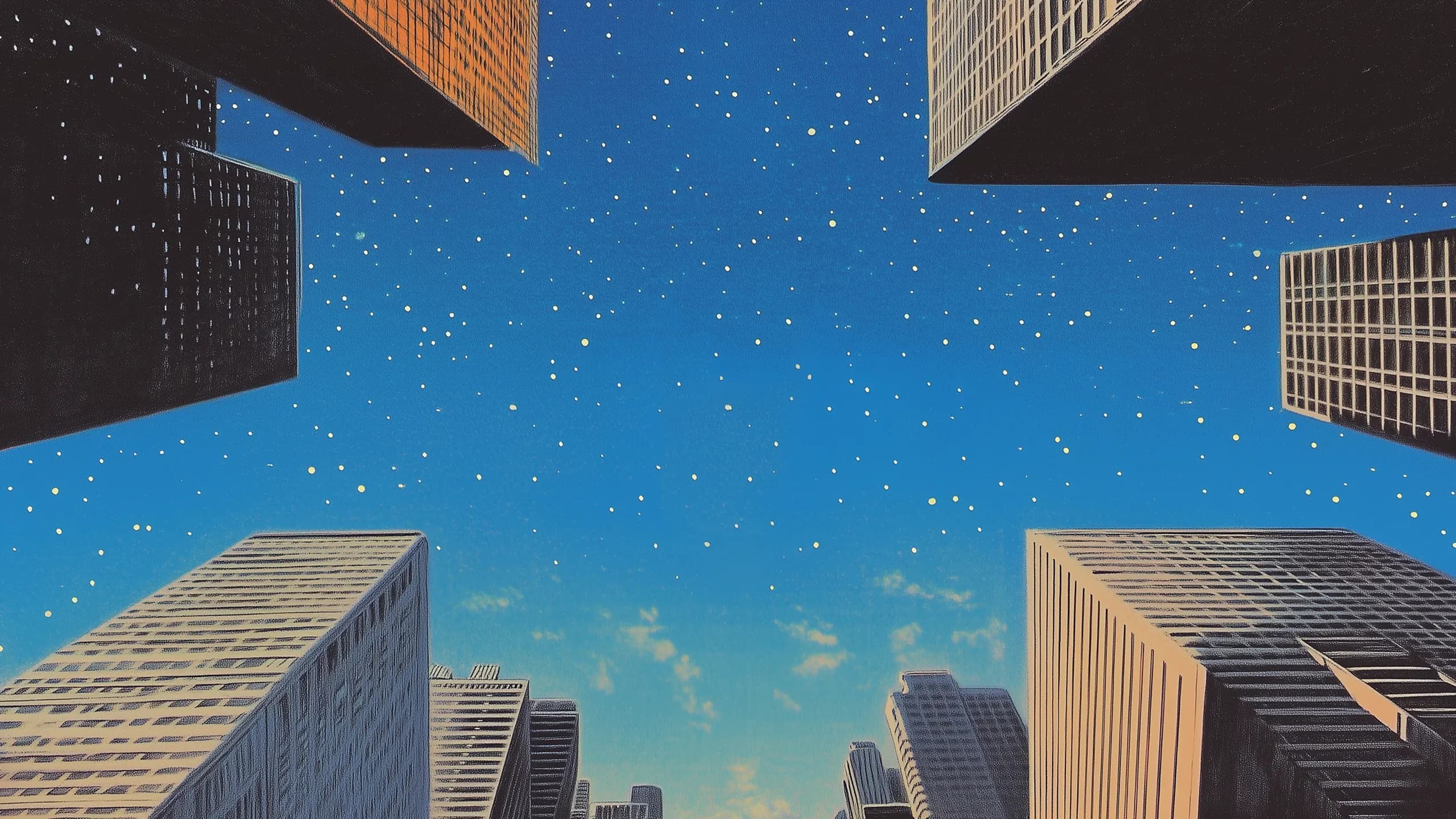 Parallel illustration 16: looking straight up at skyscrapers against a starry sky