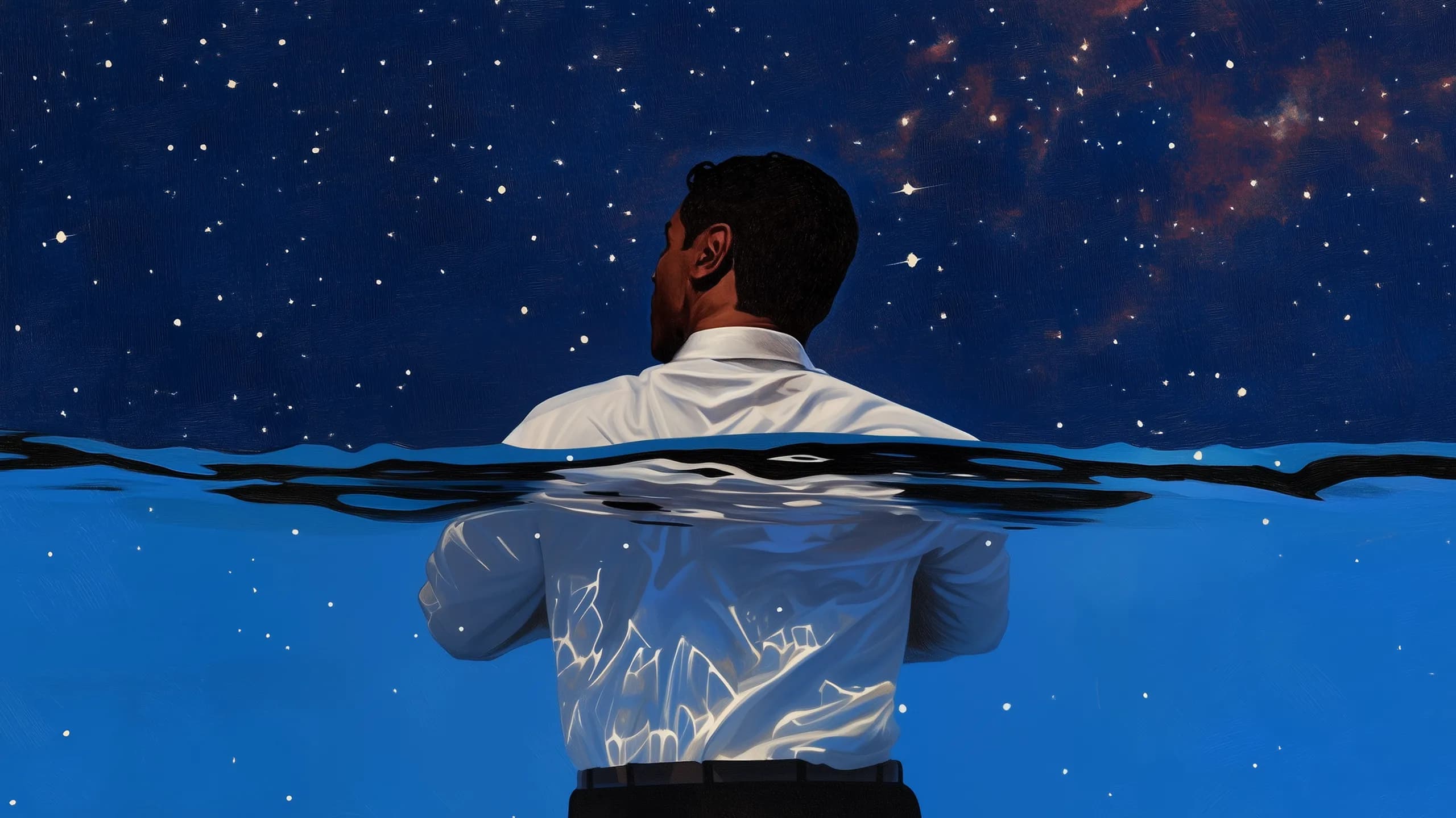 Parallel illustration 17: man submerged to the shoulders in a starry ocean