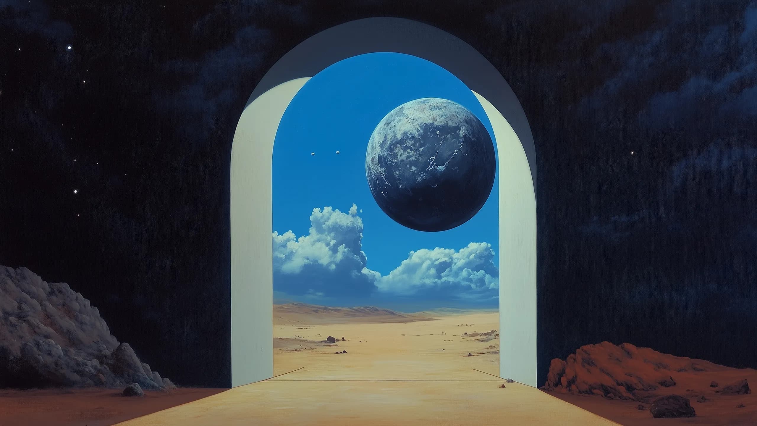 Parallel illustration 18: stone archway framing a desert with a planet