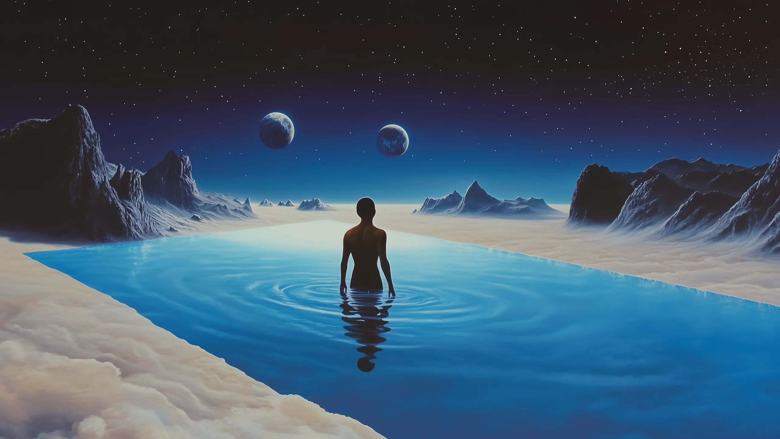Parallel illustration 19: figure standing in a pool beneath two planets