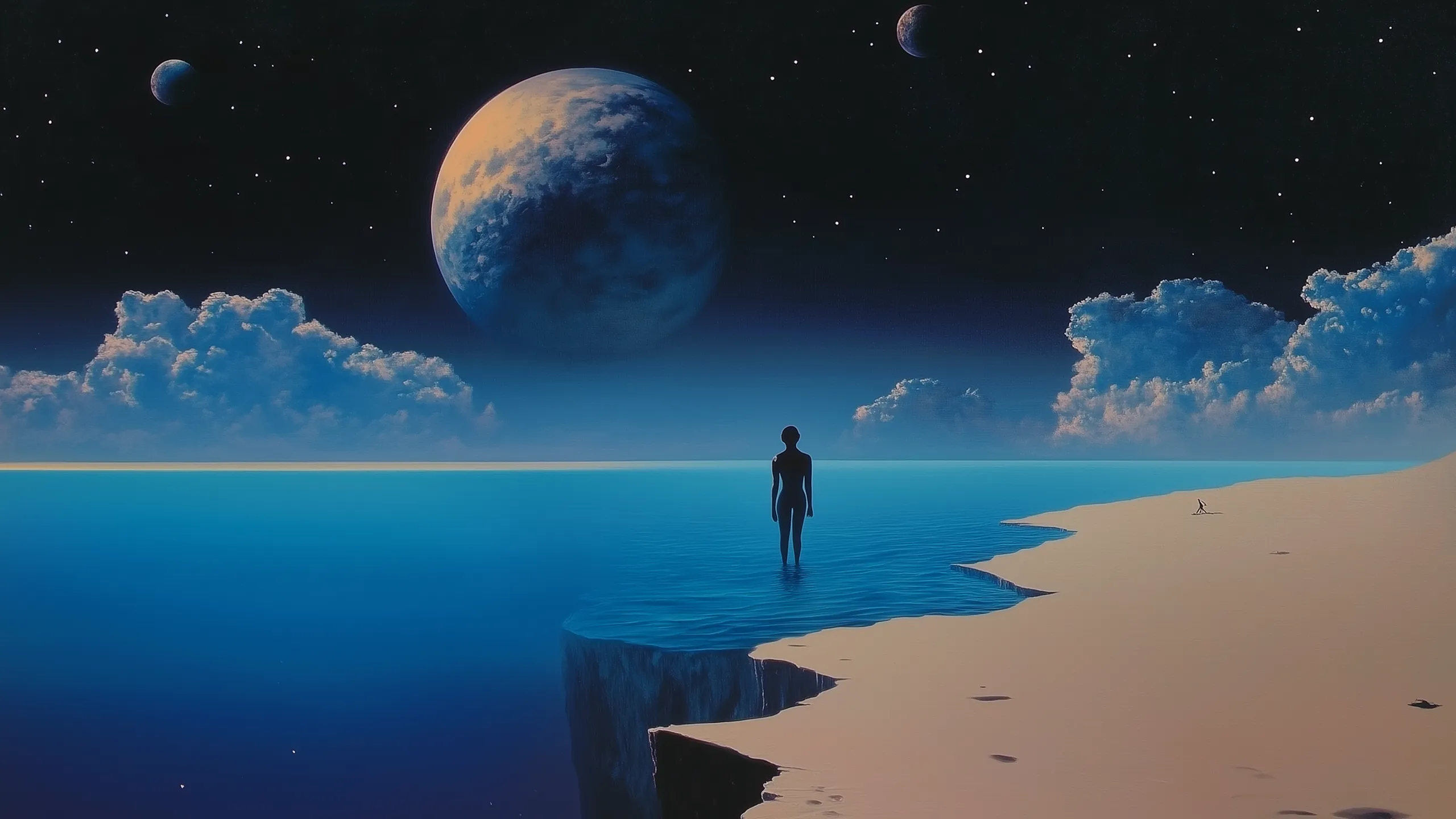 Parallel illustration 20: silhouette on a beach shoreline beneath a large planet