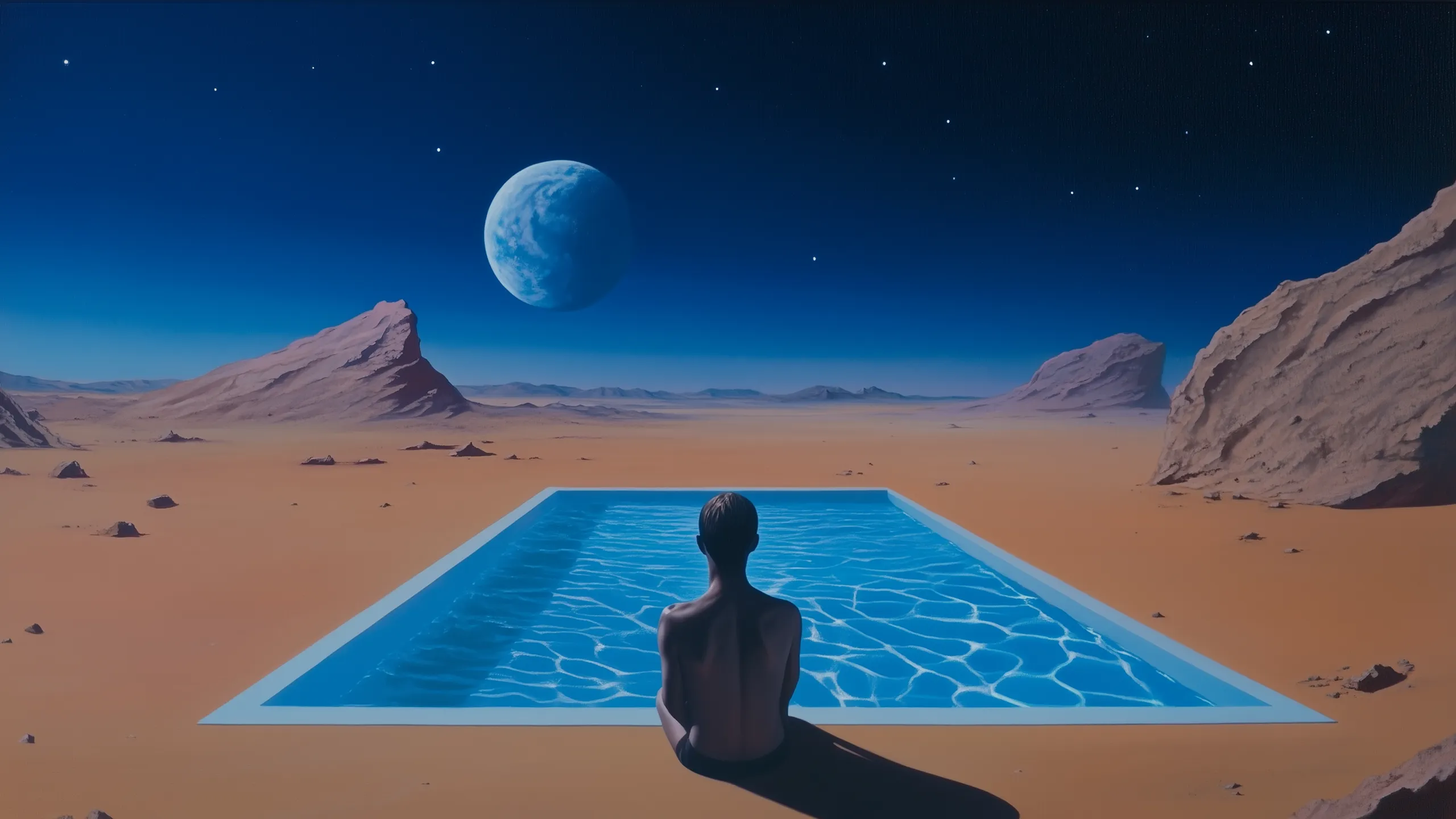 Parallel illustration 21: figure sitting poolside in the desert under a planet