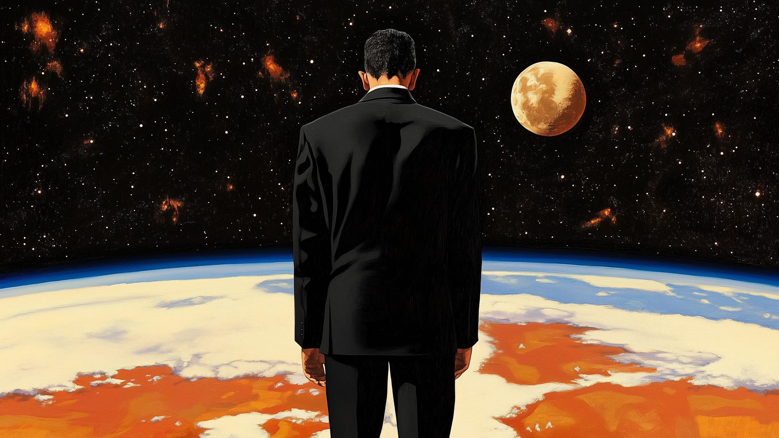 Parallel illustration 22: man in a suit facing Earth from orbit