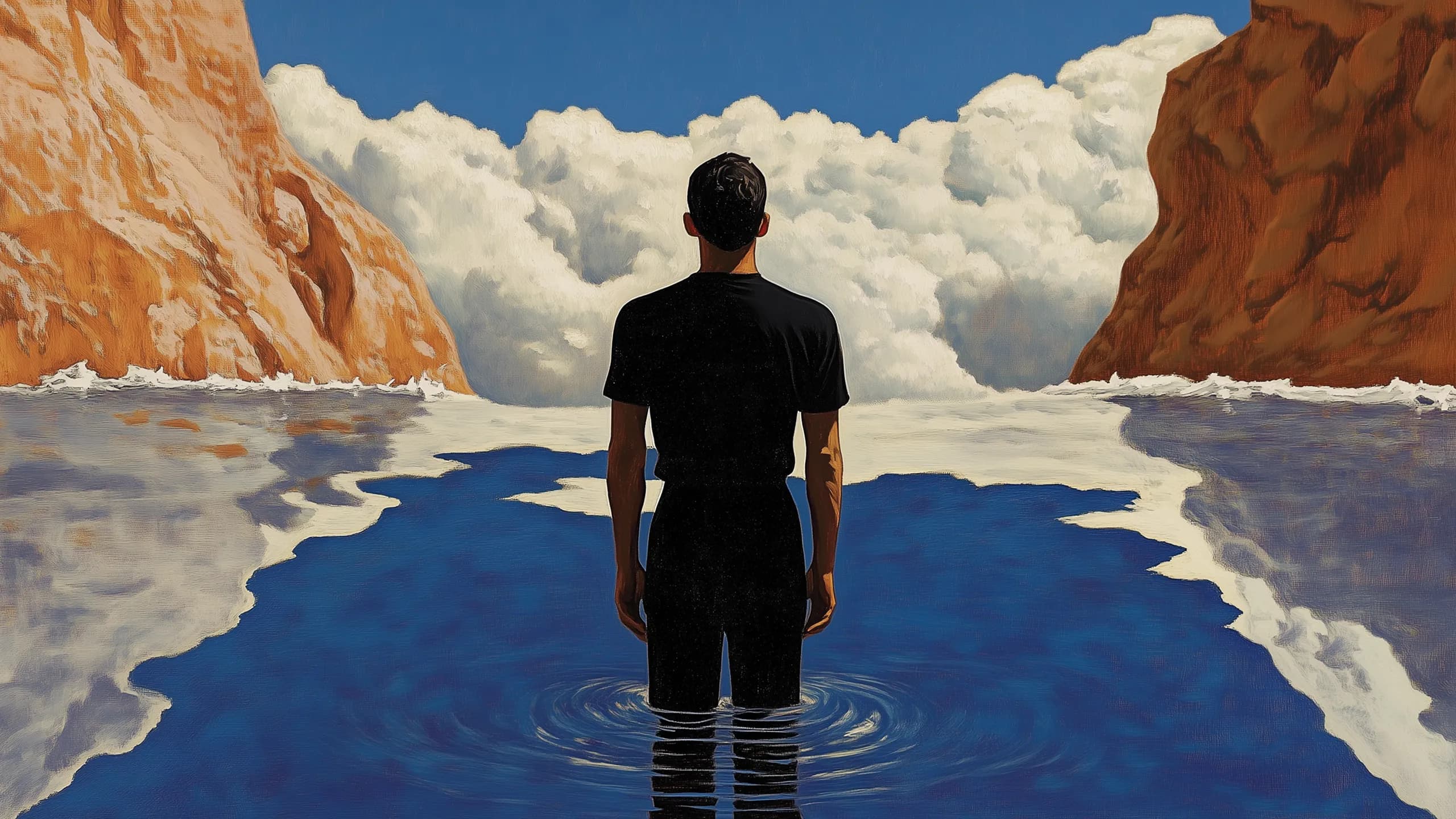 Parallel illustration 23: figure standing in water between two rocky cliffs