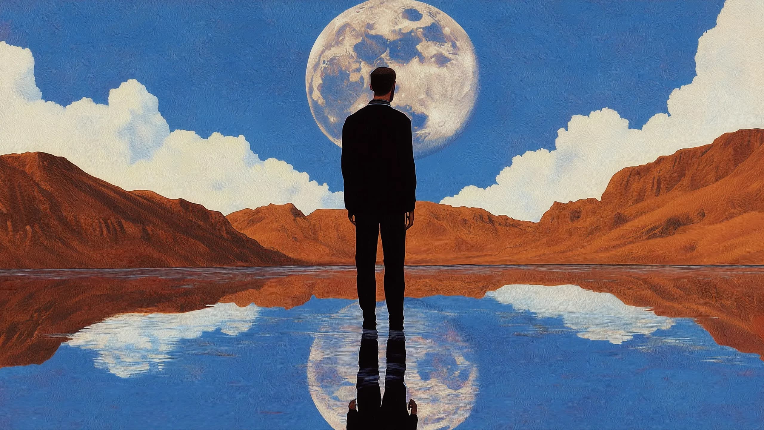 Parallel illustration 24: figure standing before a huge moon reflected in water