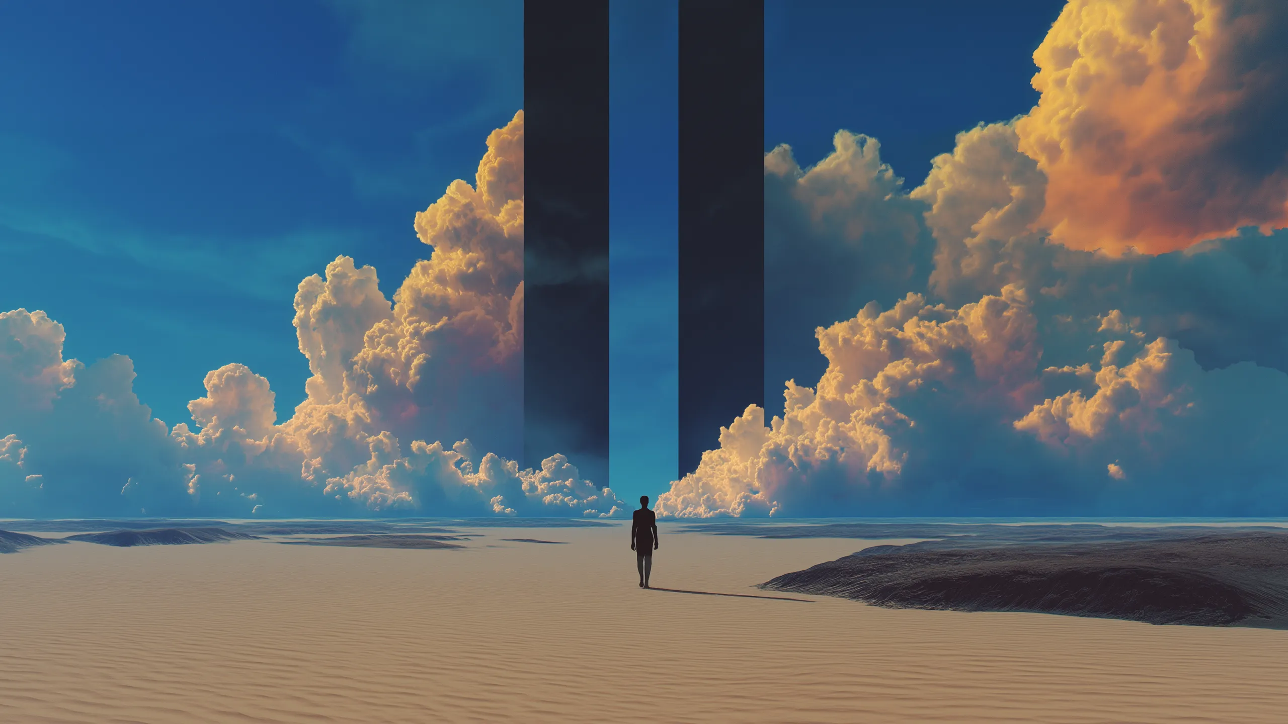 Parallel illustration 25: figure walking toward two dark monoliths above the desert