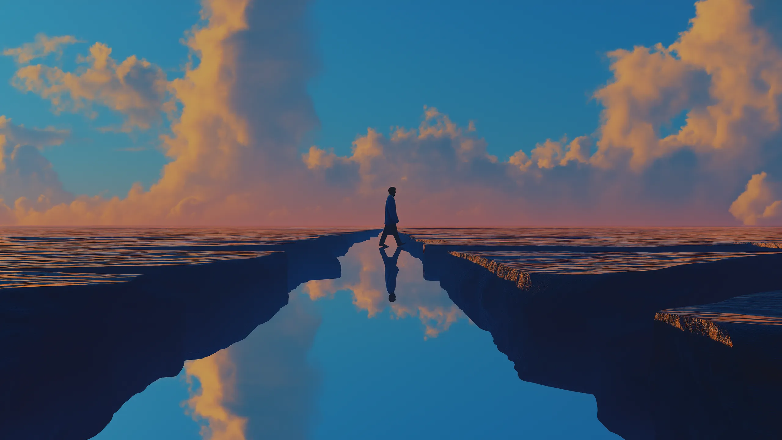 Parallel illustration 26: figure walking across a narrow bridge over calm water