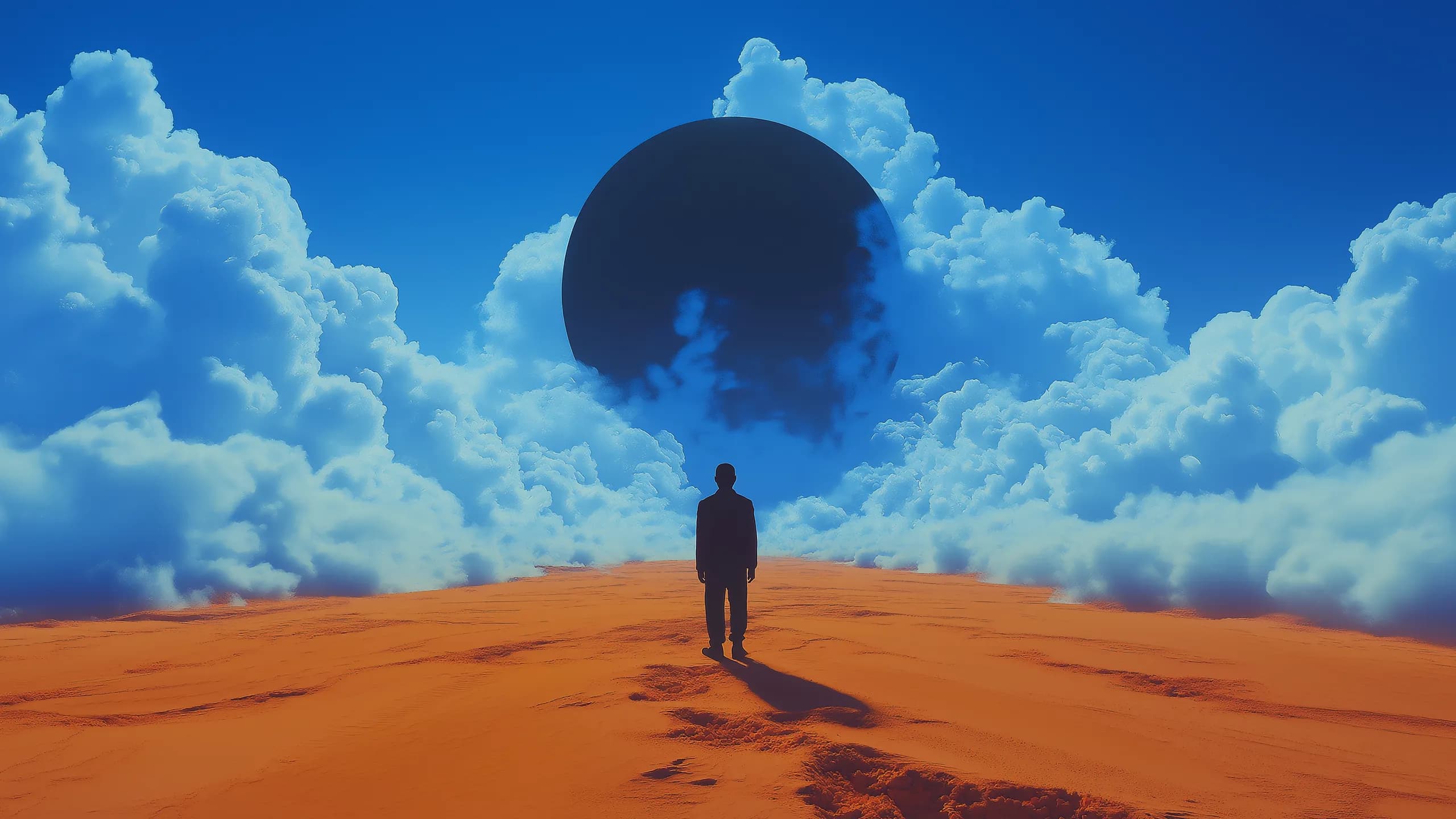 Parallel illustration 27: figure standing before a dark sphere in the desert