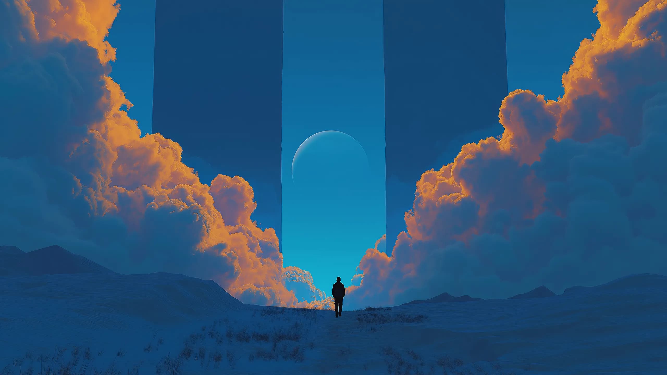 Parallel illustration 28: figure walking toward two monoliths and a crescent moon