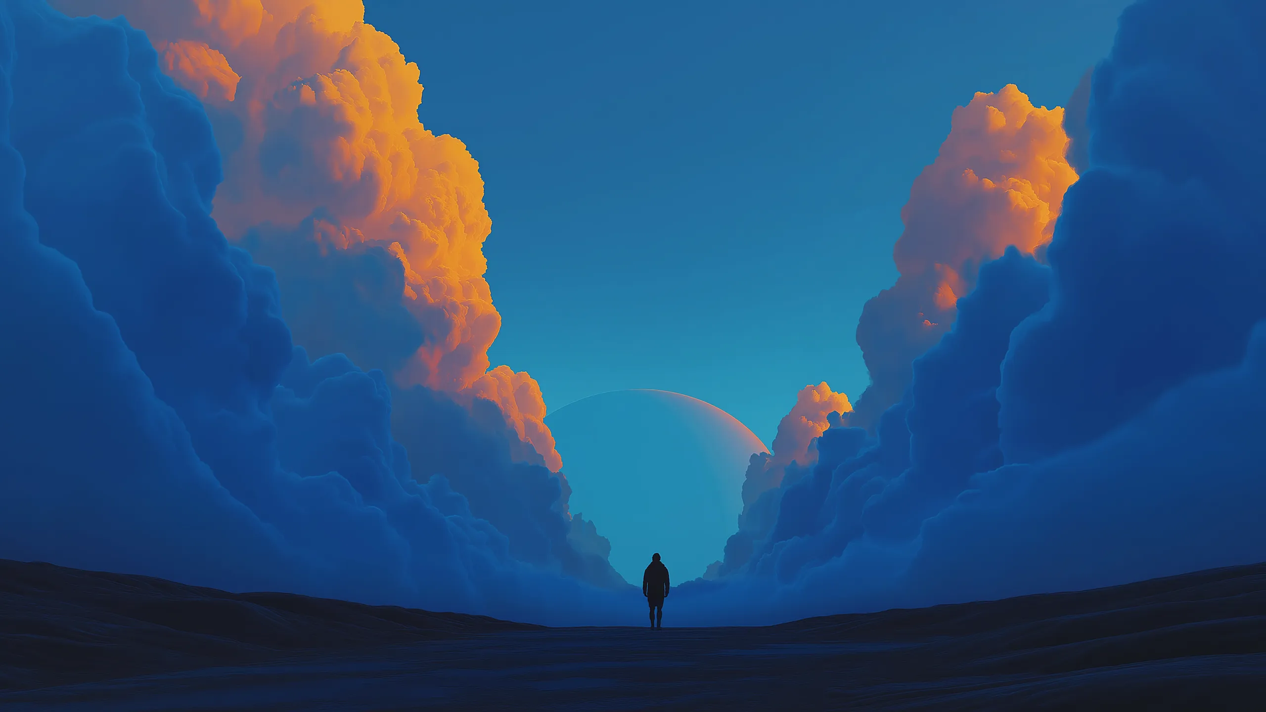 Parallel illustration 29: figure standing between walls of clouds facing a planet