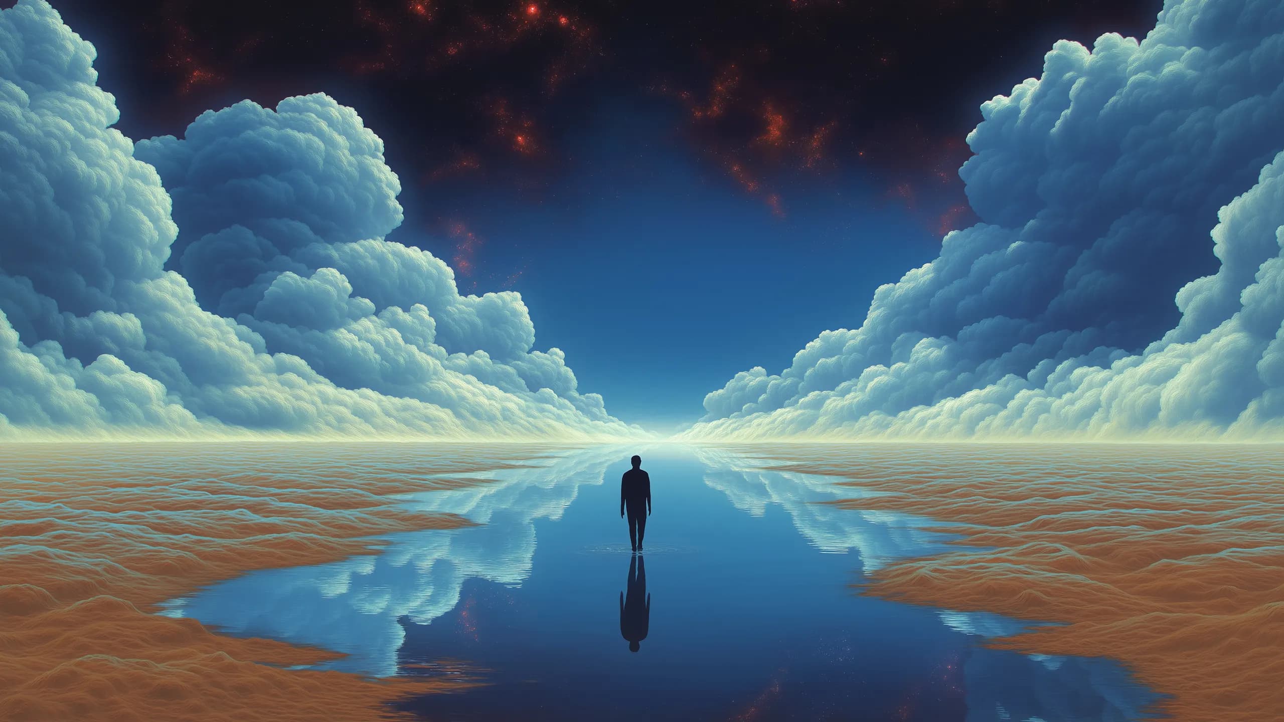 Parallel illustration 30: figure standing on sand beneath a starry nebula sky