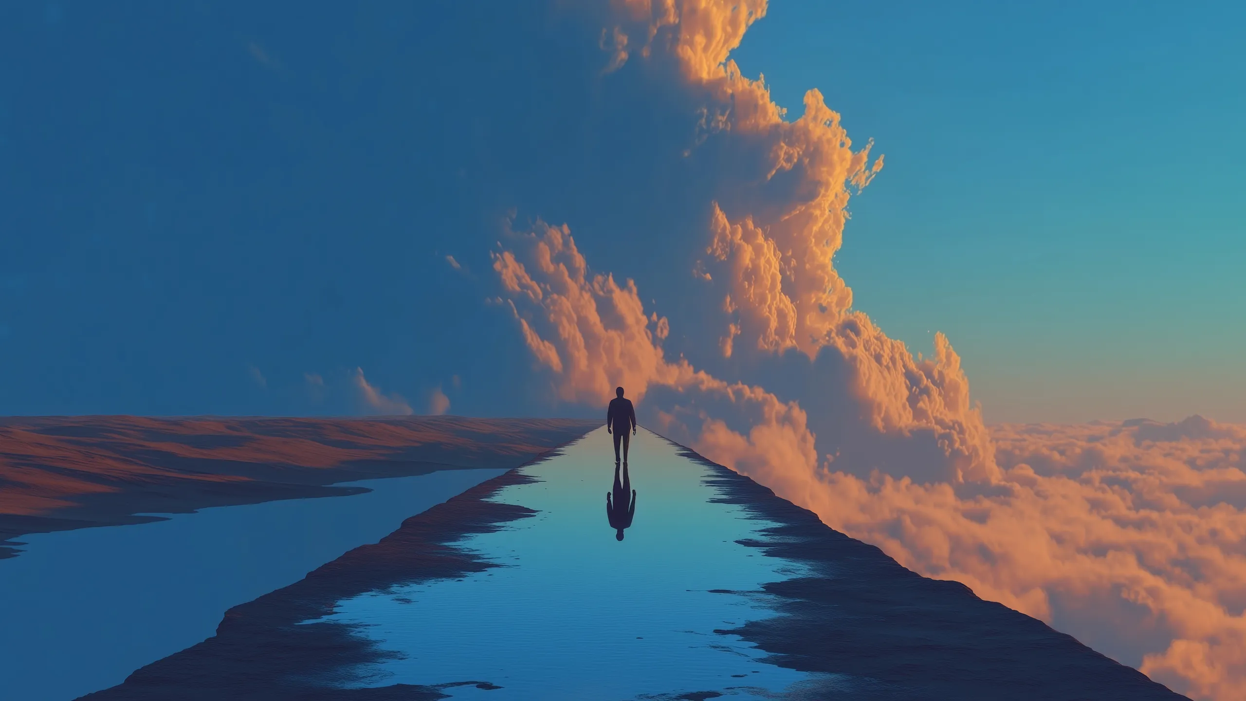 Parallel illustration 31: figure walking a mirrored path above the clouds