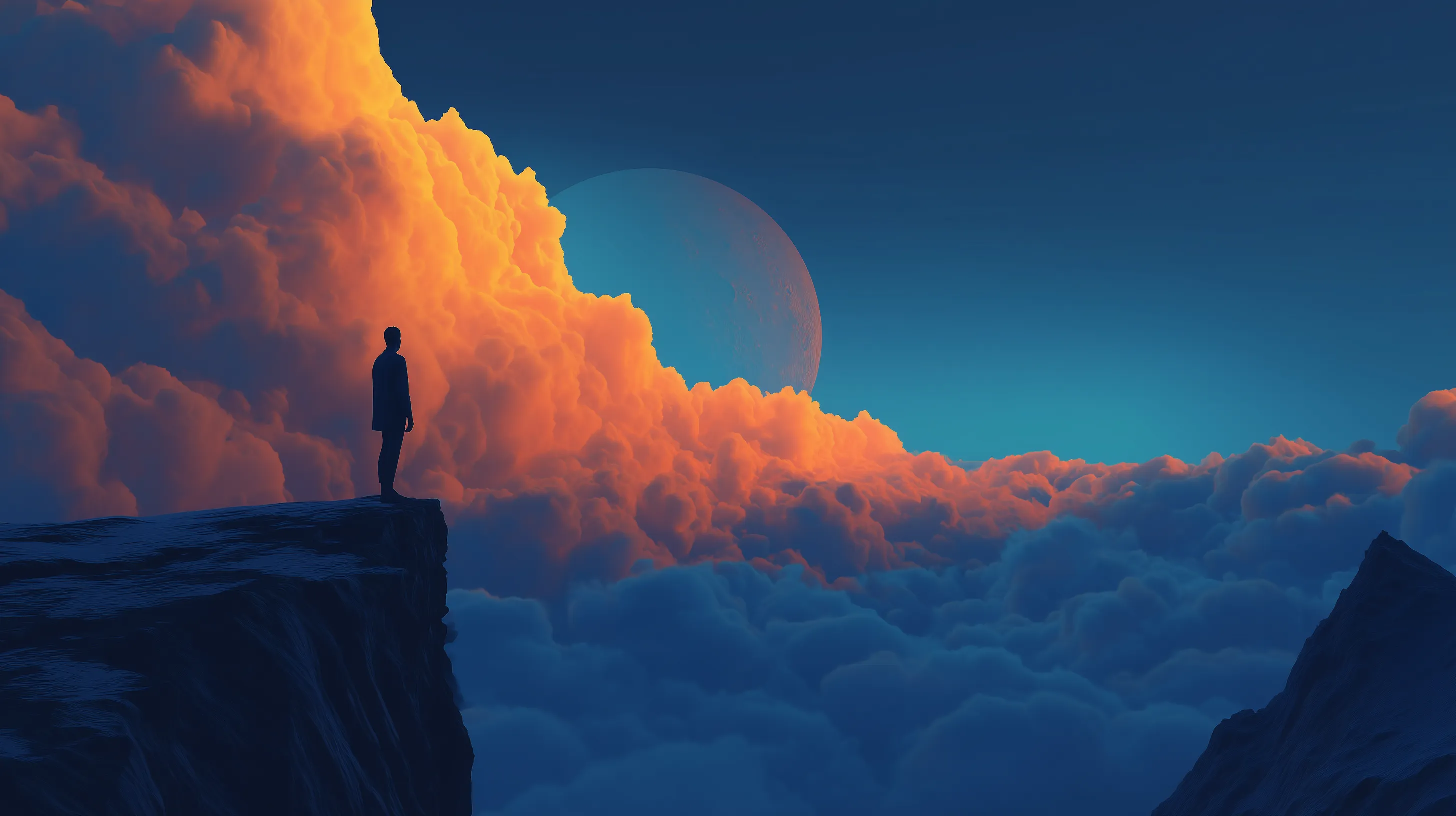 Parallel illustration 32: figure on a cliff overlooking clouds and a planet